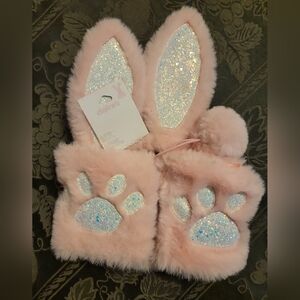 Claire’s Pink Easter Bunny Set Rabbit Ears Headband Pom Tail Paw Gloves NEW